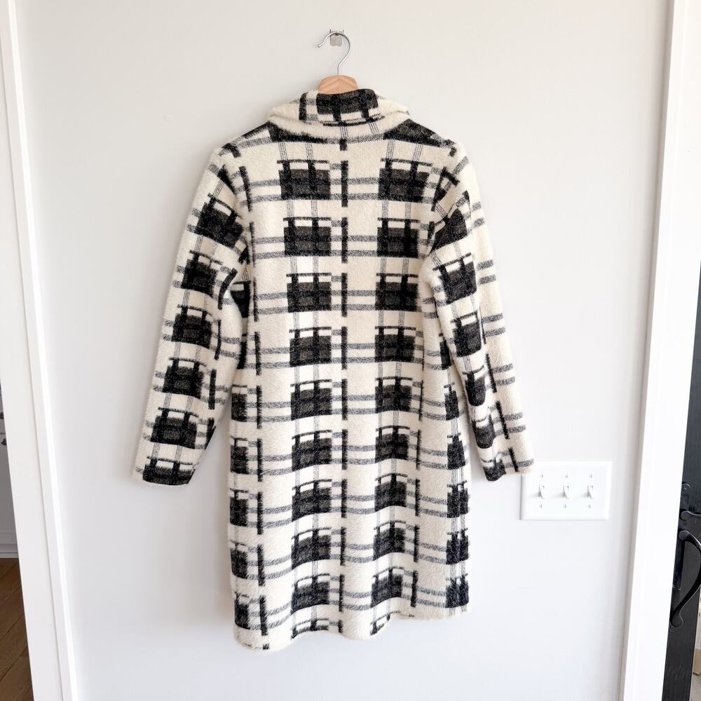 Baciano Plaid Pattern Double-Breasted Mid-Length Teddy Boucle Coat Black White M - Picture 2 of 9